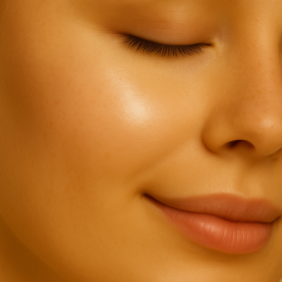 Model wearing Lucky Chick Dawn Glow Fruit-Infused Illuminizer, showing radiant champagne highlight on cheek.