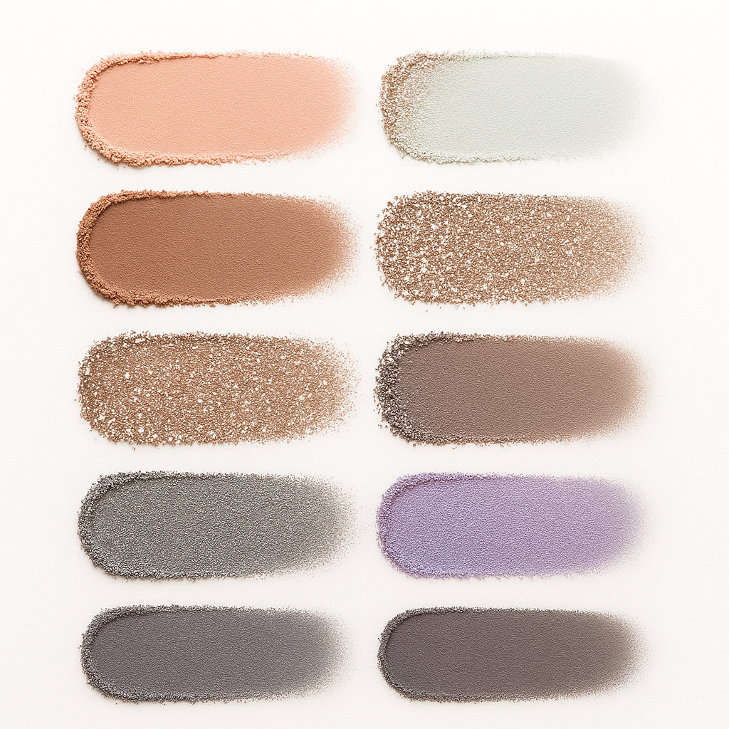 Set of makeup color swatches in various neutral tones on a white background