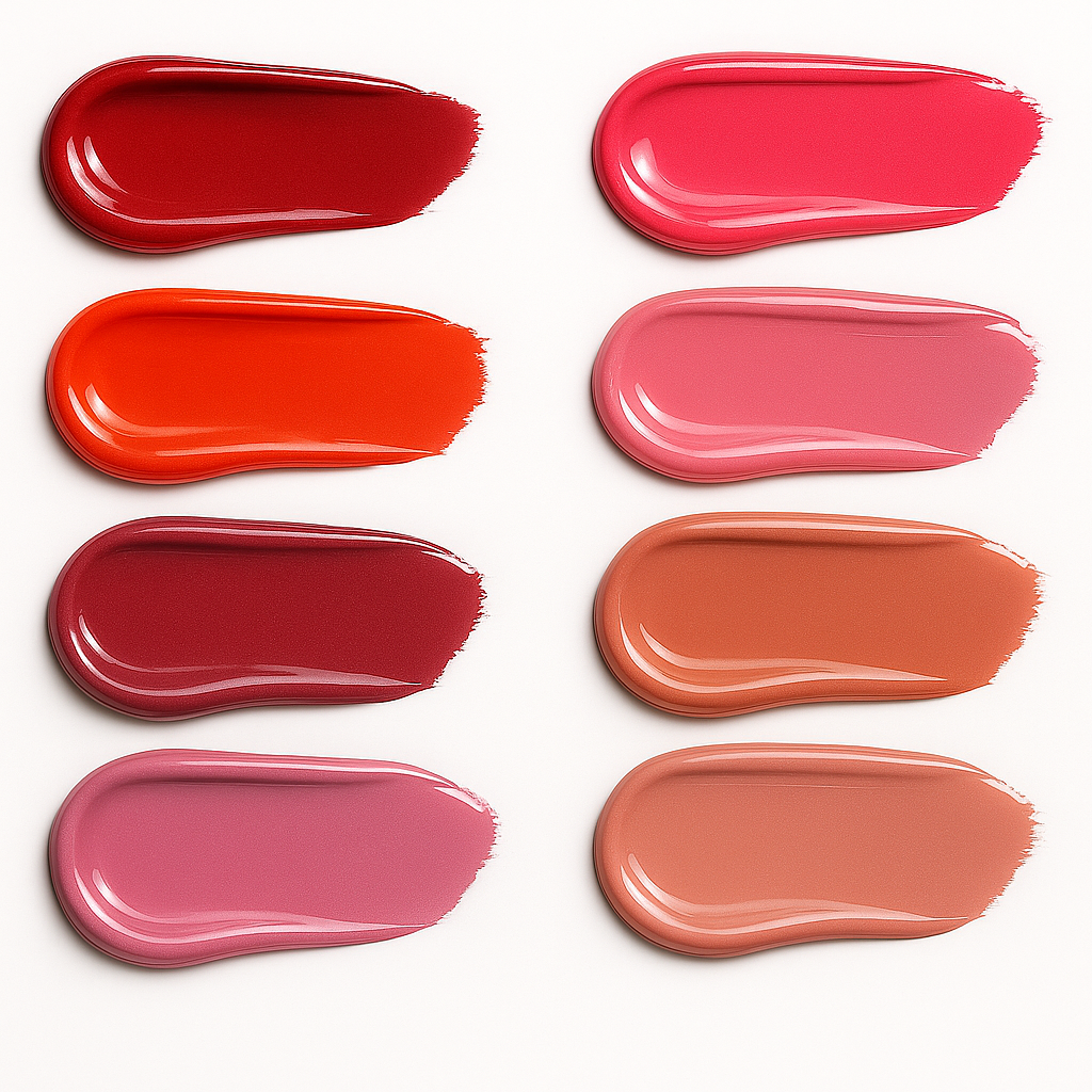 Glossy hydrating lip gloss swatches in eight vibrant shades — from deep red to soft peach — arranged in two columns on a clean white background.