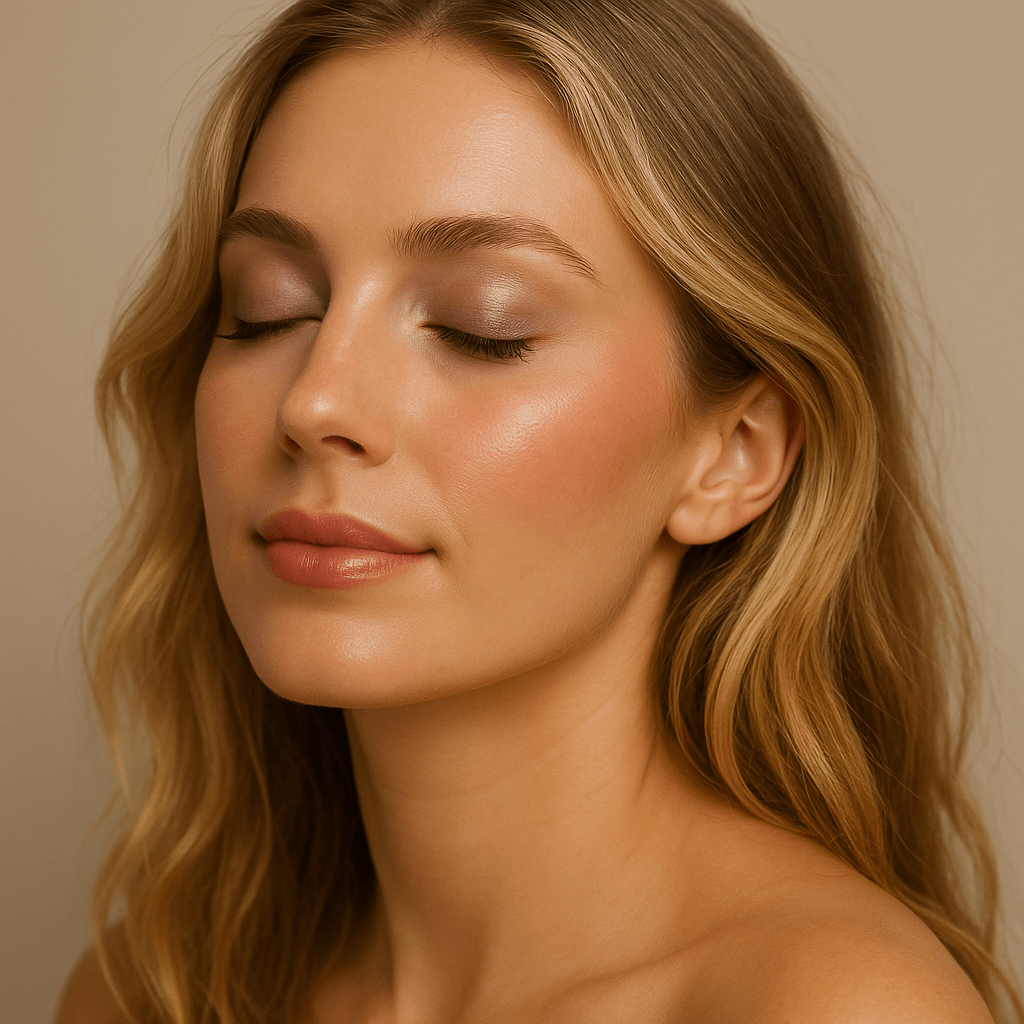 Model wearing Lucky Chick Mystic Halo Glow Palette with a soft golden-rose radiance highlighting cheeks, eyes, and lips — perfect for light to medium complexions.