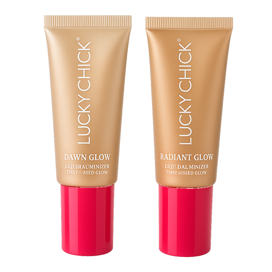 Lucky Chick Dawn Glow and Radiant Glow Fruit-Infused Illuminizers in clear tubes with pink caps.