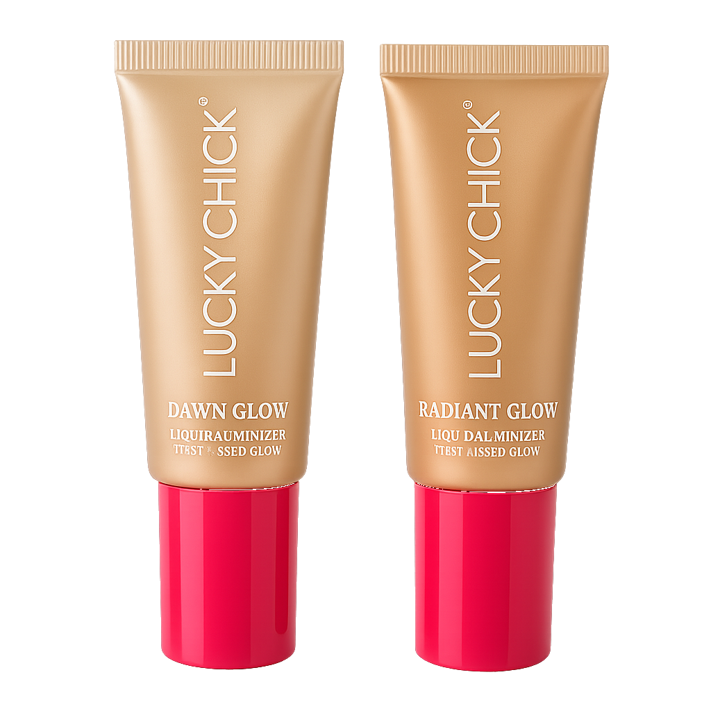 Lucky Chick Dawn Glow and Radiant Glow Fruit-Infused Illuminizers in clear tubes with pink caps.
