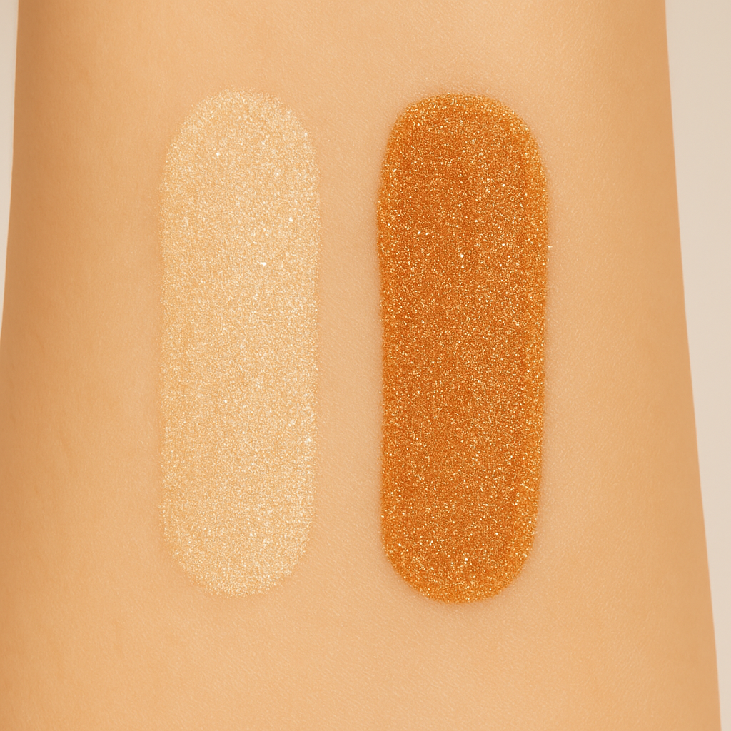 Swatches of Lucky Chick Dawn Glow and Radiant Glow Fruit-Infused Illuminizers on skin showing light champagne and bronze shimmer shades.