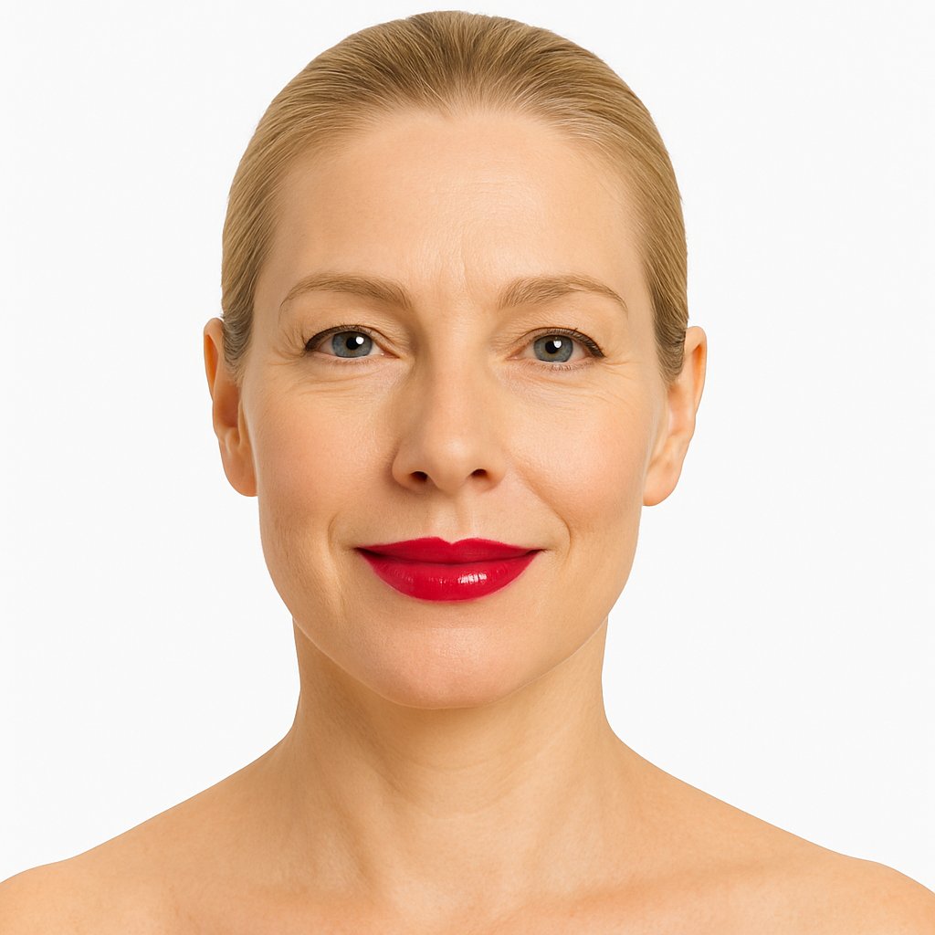 Model wearing Lucky Chick Hydrating Lip Gloss in Desire – bold red glossy lips