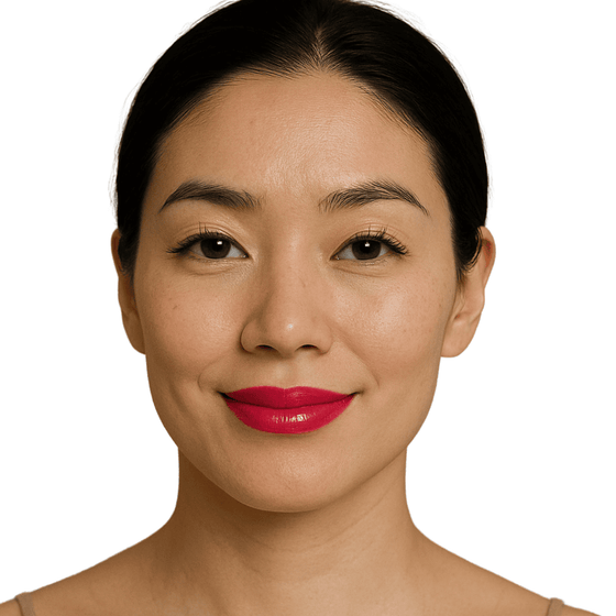 Model wearing Lucky Chick Hydrating Lip Gloss in Joy, bold pink glossy lips