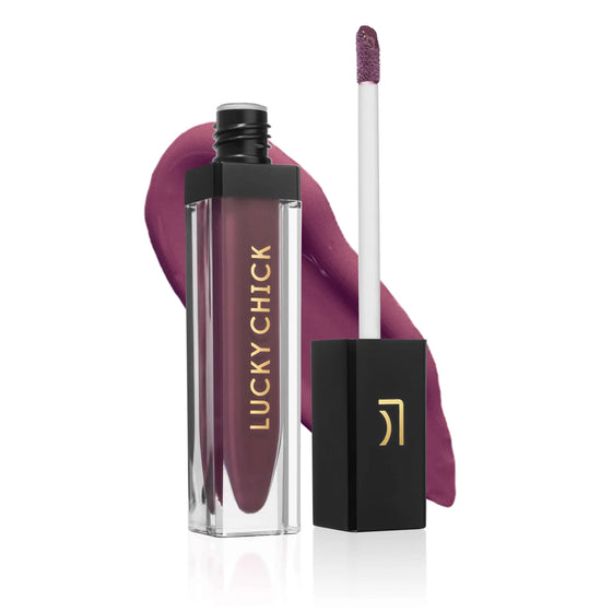 Lucky Chick Hydrating Lip Gloss in Royal– clear tube with gold logo and black cap, vibrant red gloss finish
