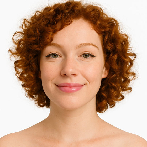 Model wearing Lucky Chick Hydrating Lip Gloss in Sweet – dusty pink glossy lips