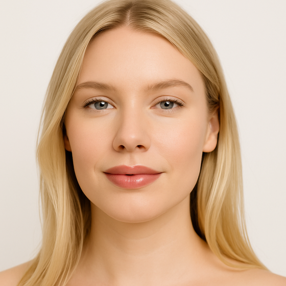 Model wearing Lucky Chick Hydrating Lip Gloss in Blissful – light tan glossy lips