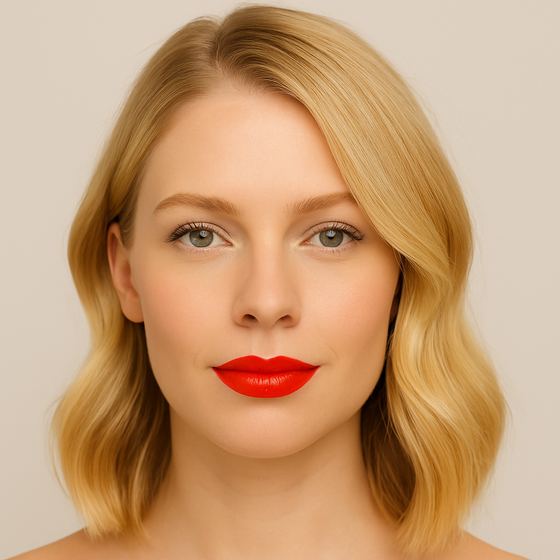 Blond Model wearing Lucky Chick Hydrating Lip Gloss in Courage – vibrant orange glossy lips