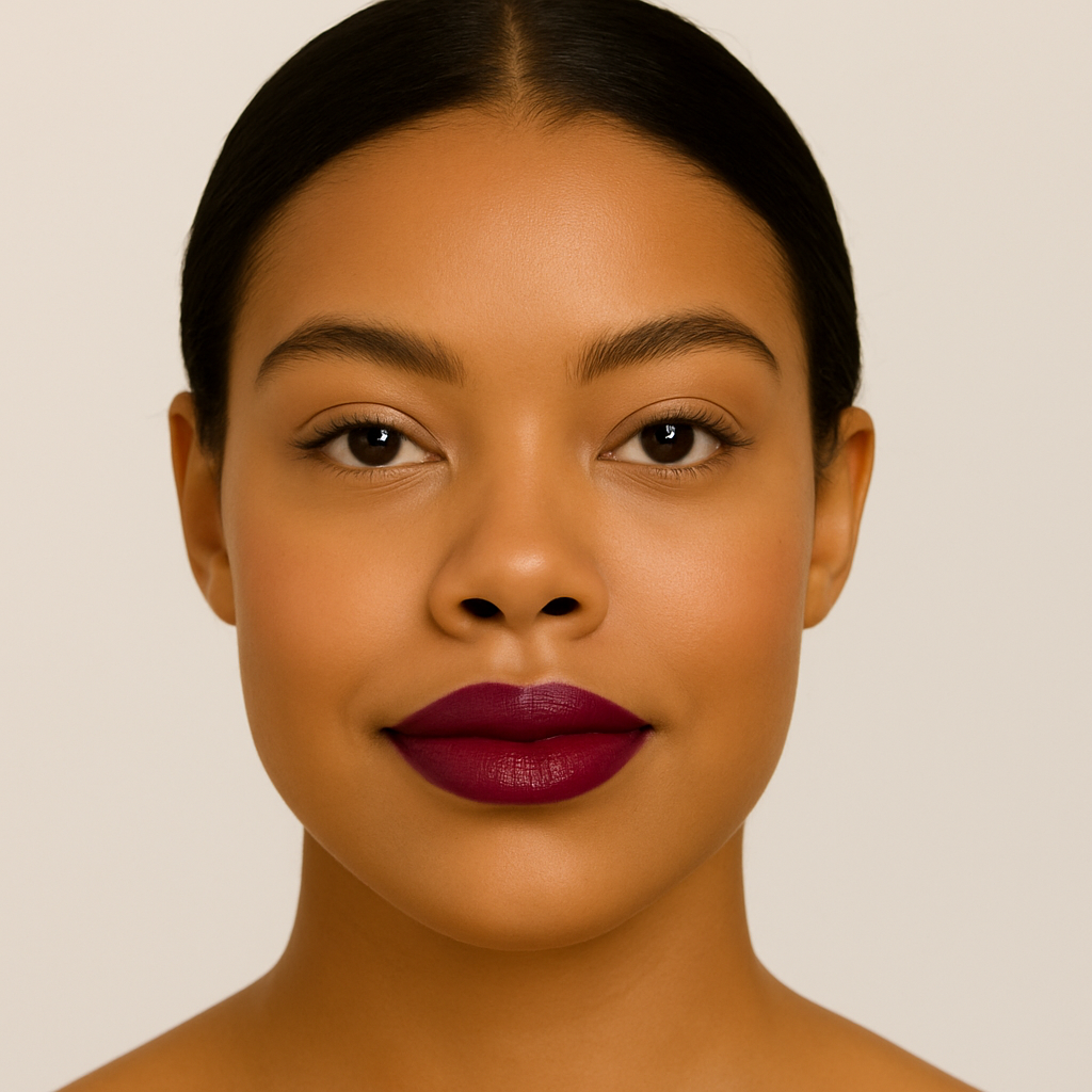 Model wearing Lucky Chick Hydrating Lip Gloss in Fierce – berry purple glossy lips