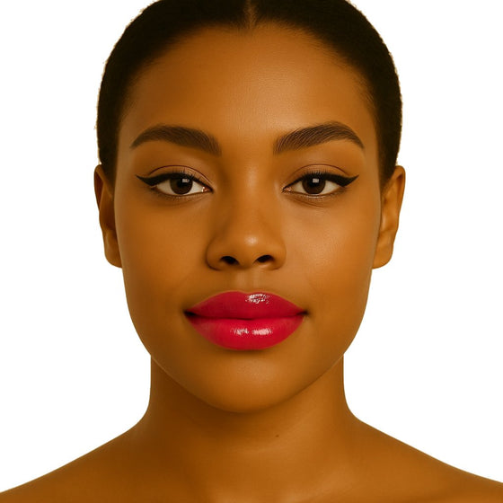 Model wearing Lucky Chick Hydrating Lip Gloss in Joy, bold pink glossy lips