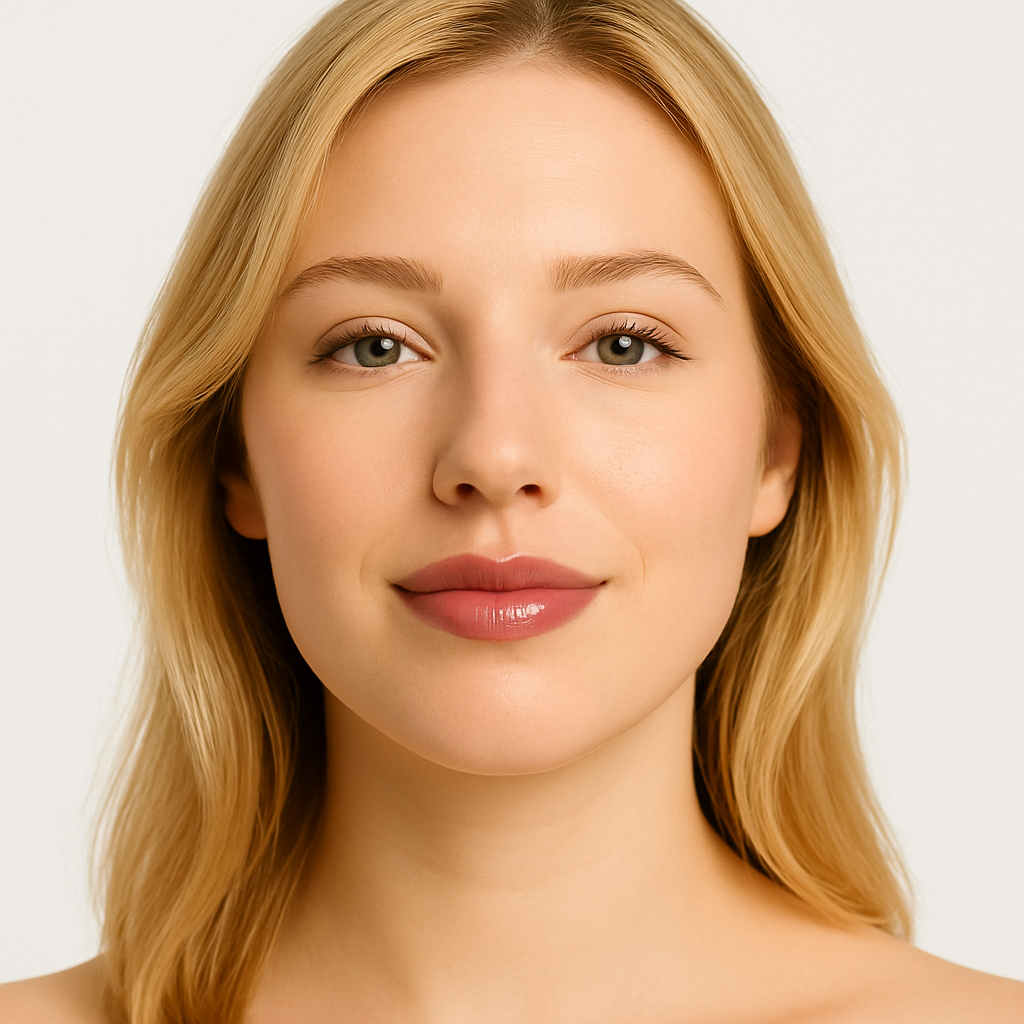 Model wearing Lucky Chick Hydrating Lip Gloss in Paradise – rosy nude glossy lips