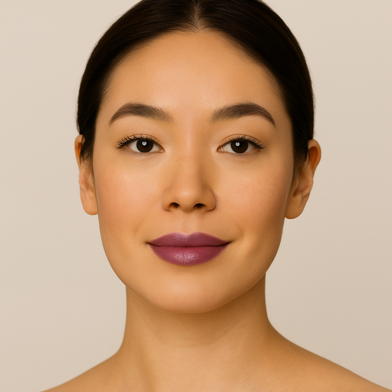 Model wearing Lucky Chick Hydrating Lip Gloss in Splendid – dusty lavender glossy lips