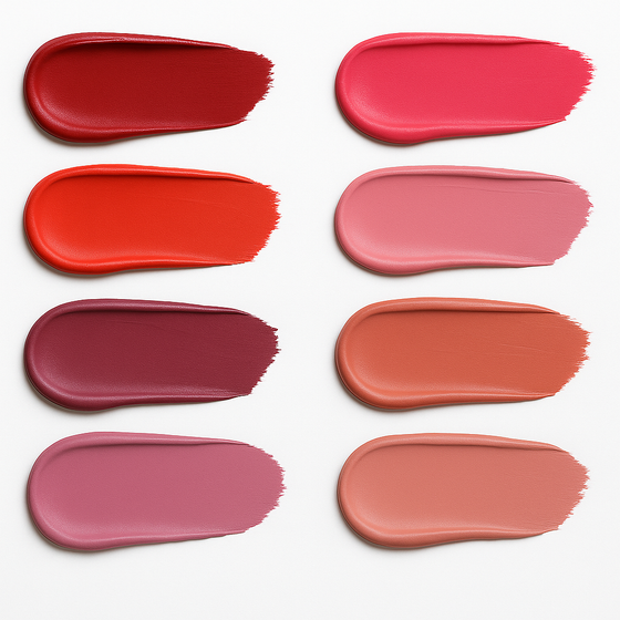 Lucky Chick Vegan Creamy Matte Lipstick shade lineup featuring  reds, pink, coral, purples and nude tones.