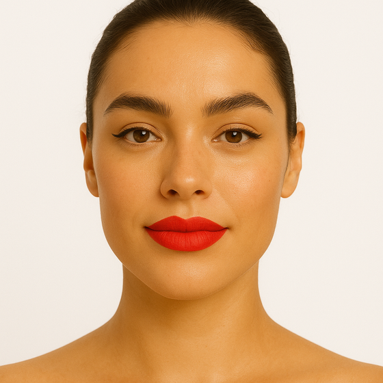 Model wearing Lucky Chick Vegan Creamy Matte Lipstick in the shade Courage — warm red, vegan matte lipstick with a smooth, hydrating finish.