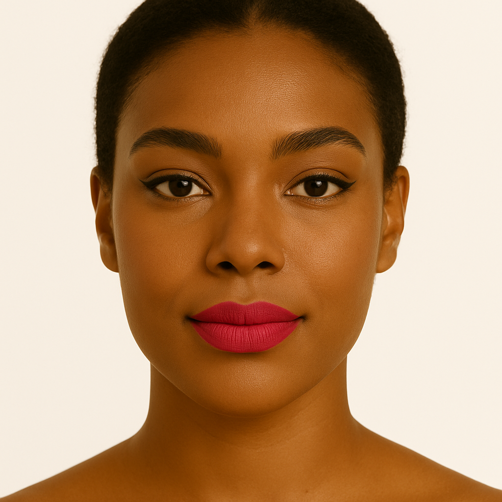 Model wearing Lucky Chick Vegan Creamy Matte Lipstick in the shade Joy — bold hot pink vegan matte lipstick with a smooth, hydrating finish.