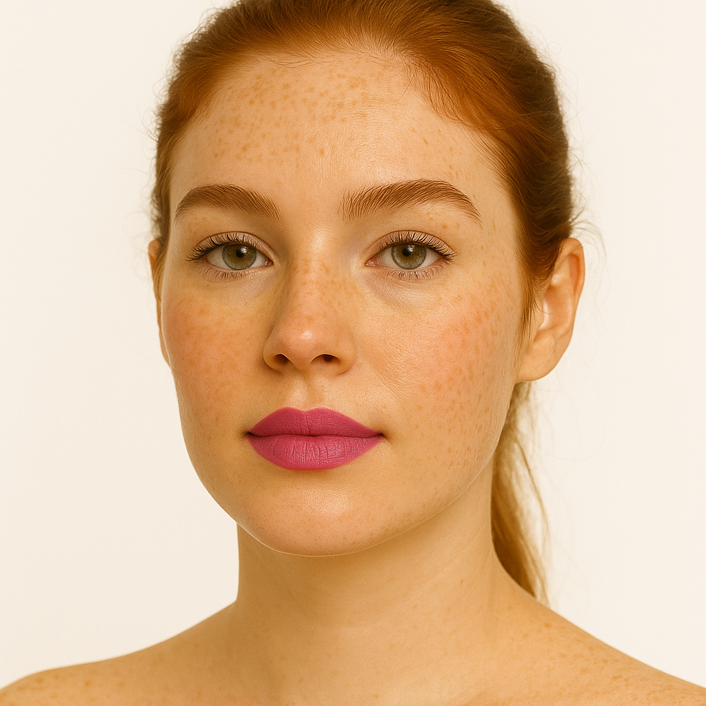 Model wearing Lucky Chick Vegan Creamy Matte Lipstick in the shade Sweet — light pink vegan matte lipstick with a smooth, hydrating finish.