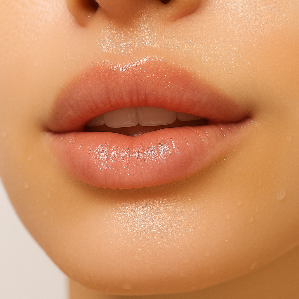 Close-up of smooth, glossy lips after using Lucky Chick’s Sweet Vanilla Lip Scrub, showing hydrated, soft, and naturally radiant results.