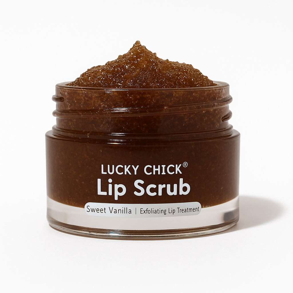Jar of Lucky Chick Lip Scrub with brown exfoliating scrub on a white background