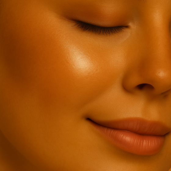 Model wearing Lucky Chick Radiant Glow Fruit-Infused Illuminizer, showing warm bronze highlight on cheek.