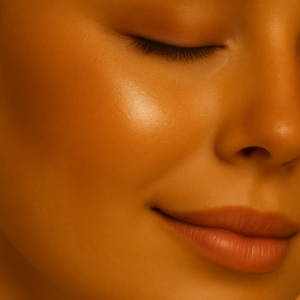 Model wearing Lucky Chick Radiant Glow Fruit-Infused Illuminizer, showing warm bronze highlight on cheek.