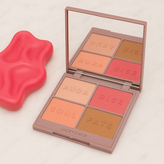 Open Lucky Chick Mystic Halo Palette on white marble with hot pink soap dish and mirror reflecting its four shades.