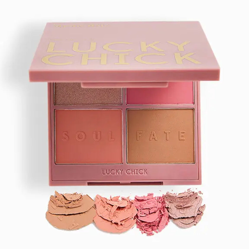 Mystic Halo Face Palette by Lucky Chick — soft blush, bronzer, and highlighter powders in radiant pink and golden tones for a natural, luminous glow.