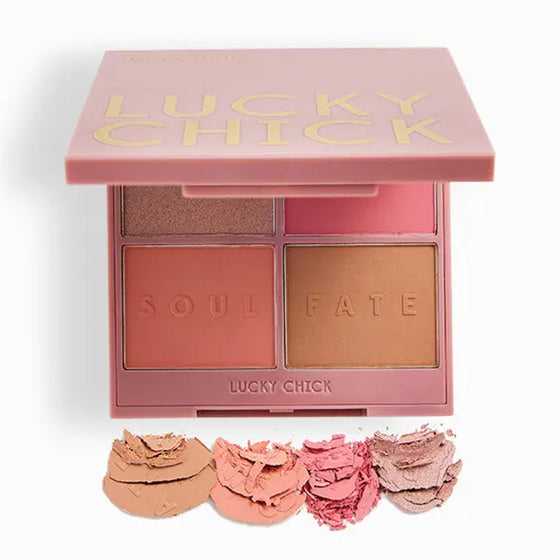 Mystic Halo Face Palette by Lucky Chick — soft blush, bronzer, and highlighter powders in radiant pink and golden tones for a natural, luminous glow.