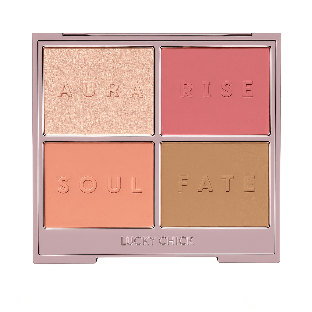 Lucky Chick Mystic Halo Glow Palette with four pressed shades: champagne, rose pink, peach, and golden tan in a lavender compact.
