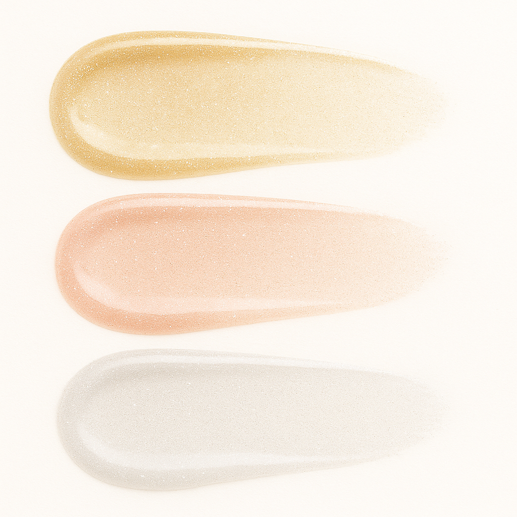 Three stacked swatches of Lucky Chick Shimmering Lip Glosses in Golden, Bubbly, and Shimmery—glossy, sparkly shades of gold, champagne peach, and silver—shown on a clean white background.