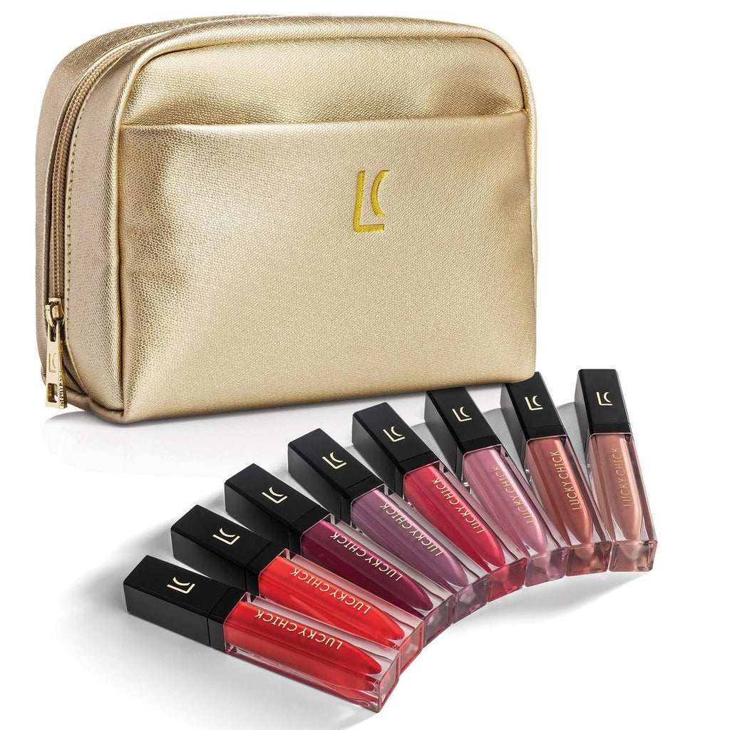 A gorgeous assortment of 8 hydrating lip glosses in a vegan, golden cosmetic case.