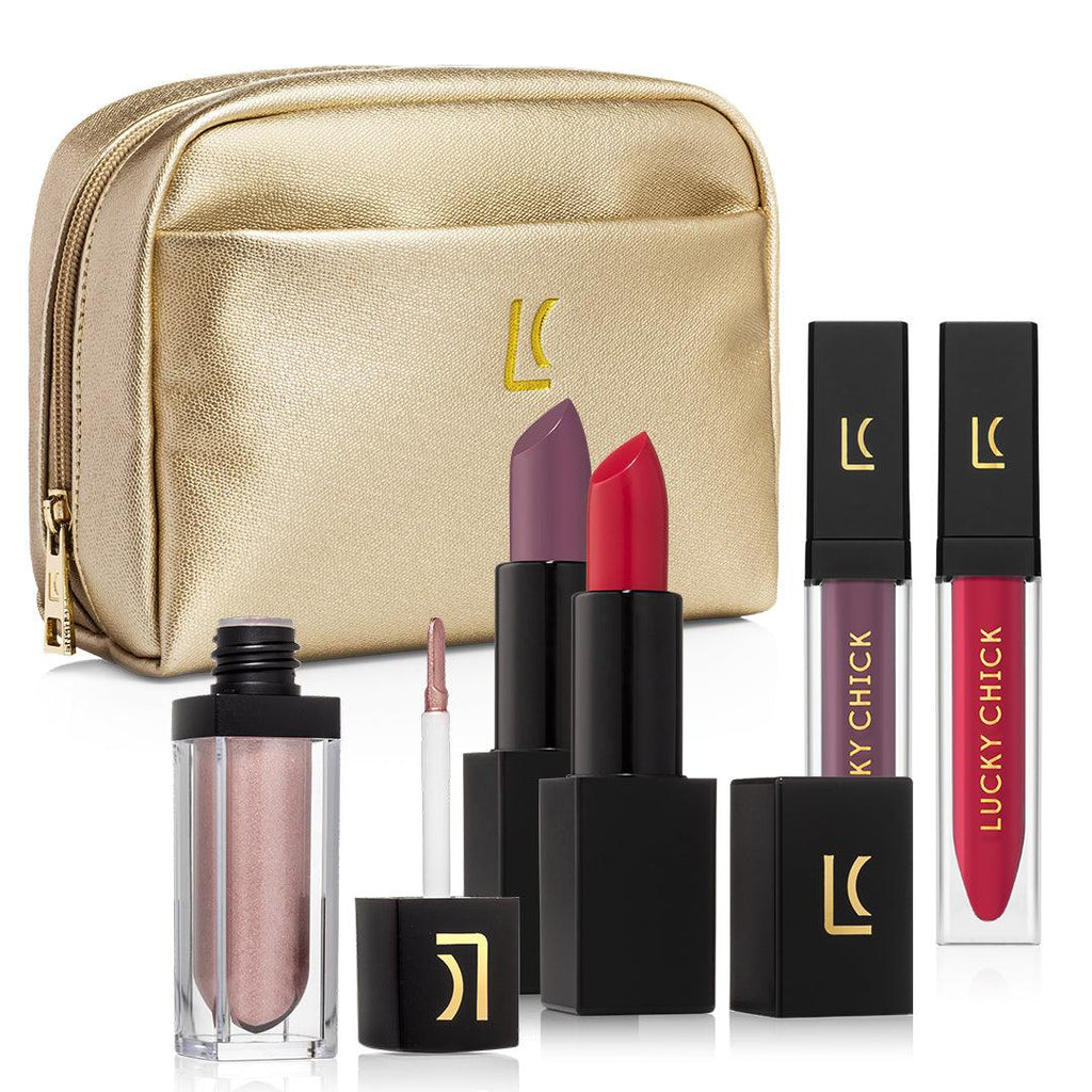 This assortment of Pinks and Purple contains Creamy Semi Matte Lipstick in Joy and Splendid, Lip Gloss in Splendid and Joy and Rose Quartz Vegan Eye Shadow in a  Golden Vegan Glam Bag
