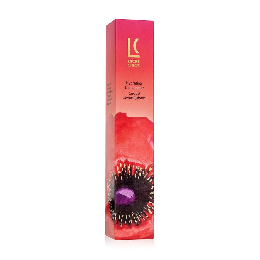 Lucky Chick product box with vibrant red poppy flower artwork and gold Lucky Chick logo – artistic, feminine packaging design