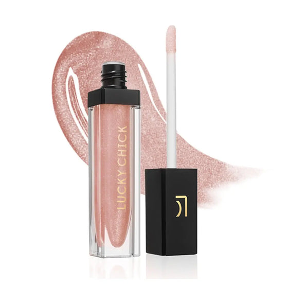 Lucky Chick Hydrating Lip Gloss in Bubbly– clear tube with gold logo and black cap, vibrant red gloss finish
