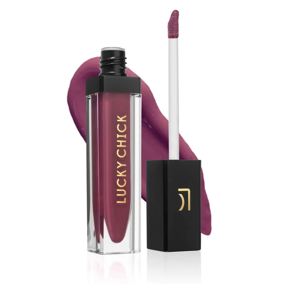 Lucky Chick Hydrating Lip Gloss in Fierce – clear tube with gold logo and black cap, vibrant red gloss finish