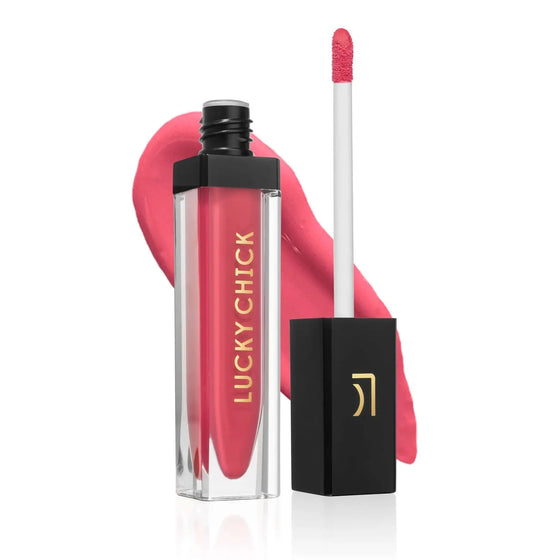 Lucky Chick Hydrating Lip Gloss in Joy – clear tube with gold logo and black cap, vibrant red gloss finish