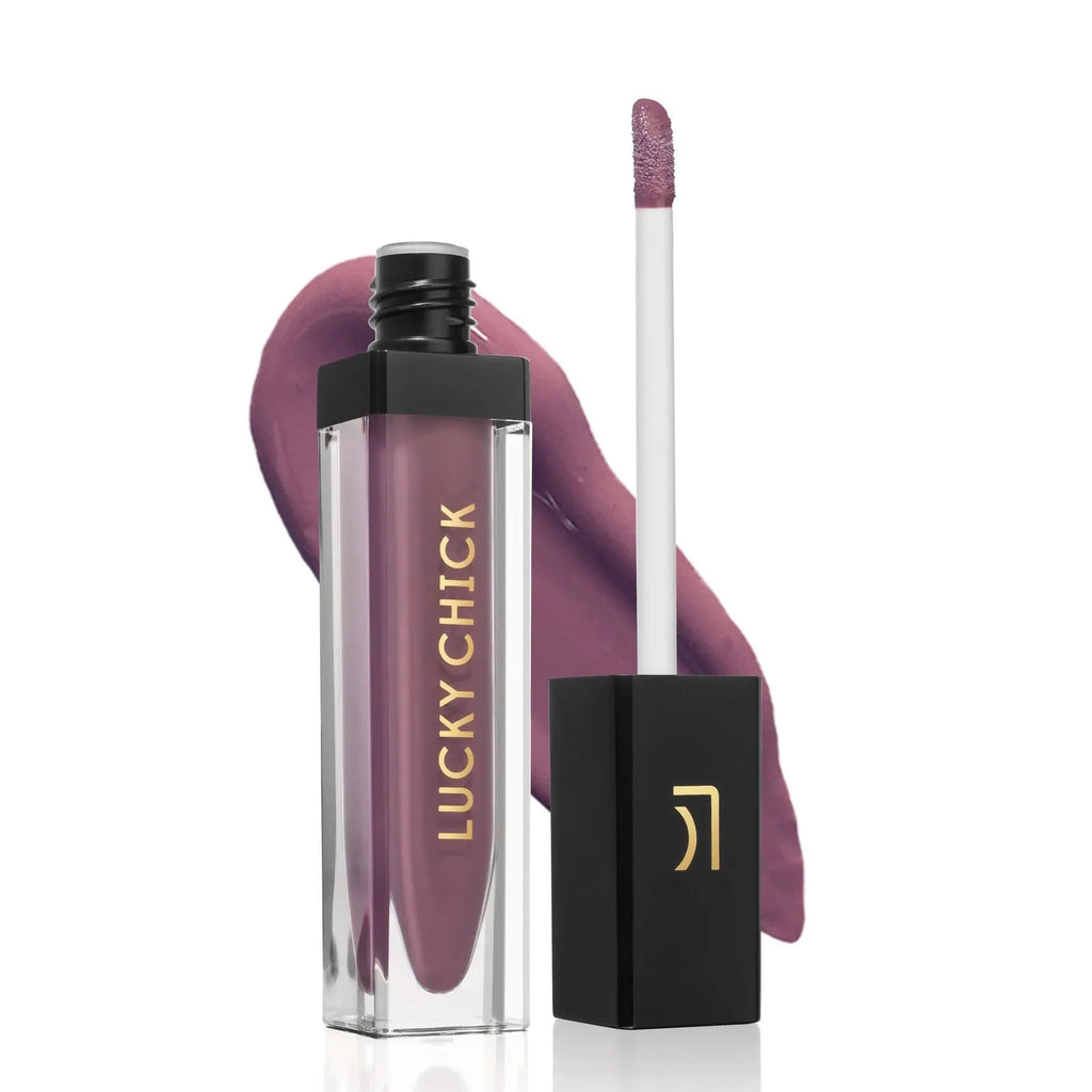 Lucky Chick Hydrating Lip Gloss in Splendid – clear tube with gold logo and black cap, vibrant red gloss finish