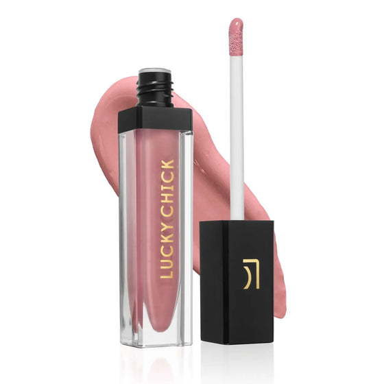 Lucky Chick Hydrating Lip Gloss in Sweet – clear tube with gold logo and black cap, dusty pink gloss finish